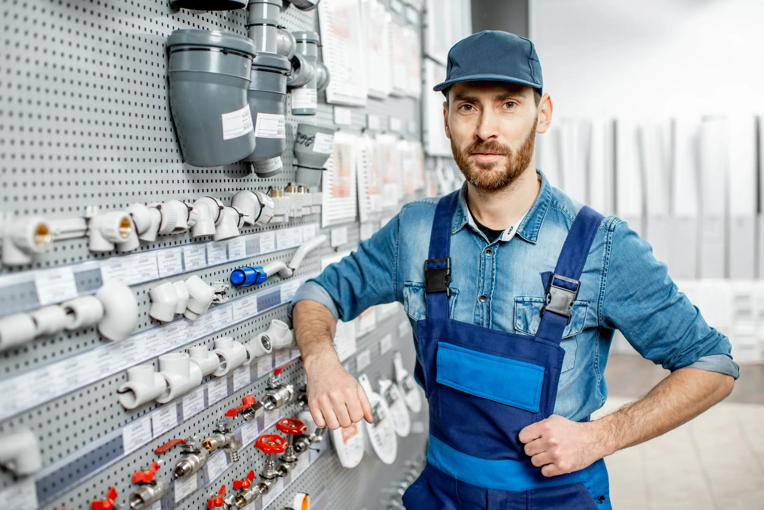 A plumber posing with water pipes on the background.