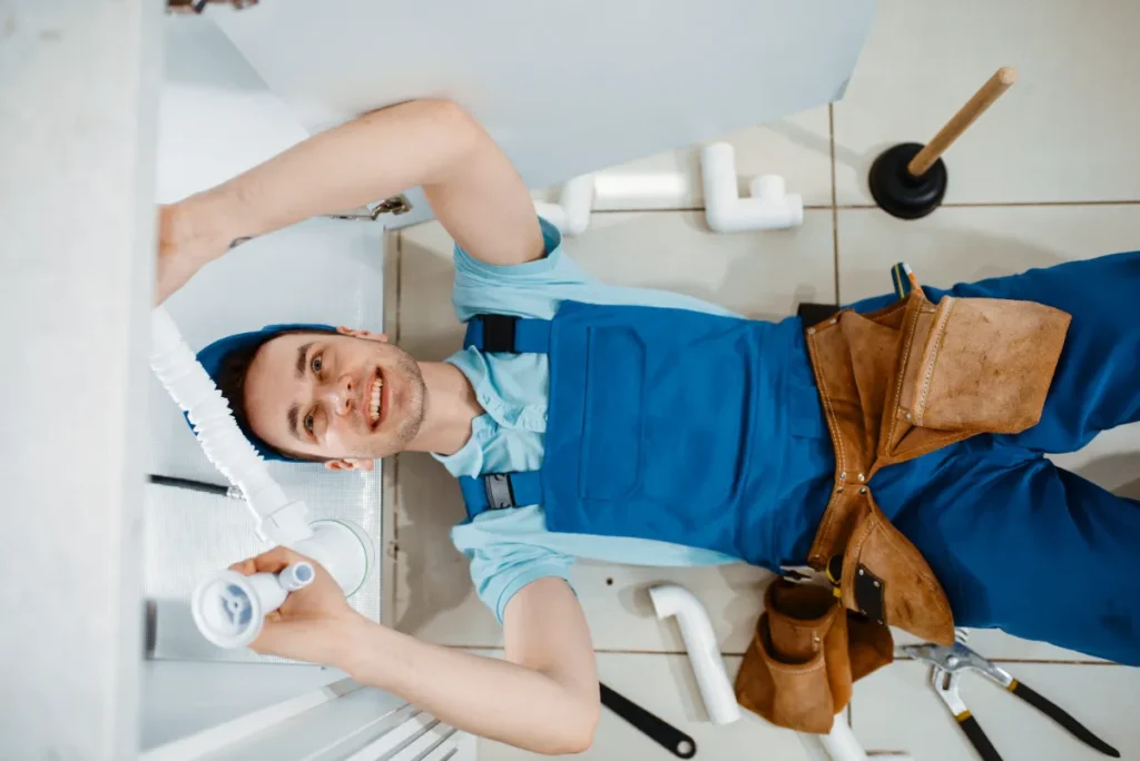 Top image of plumber fixing under the kitchen sink.