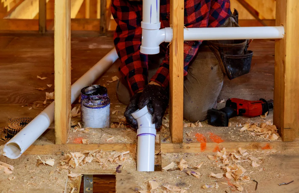 man burying the pipes on the floor