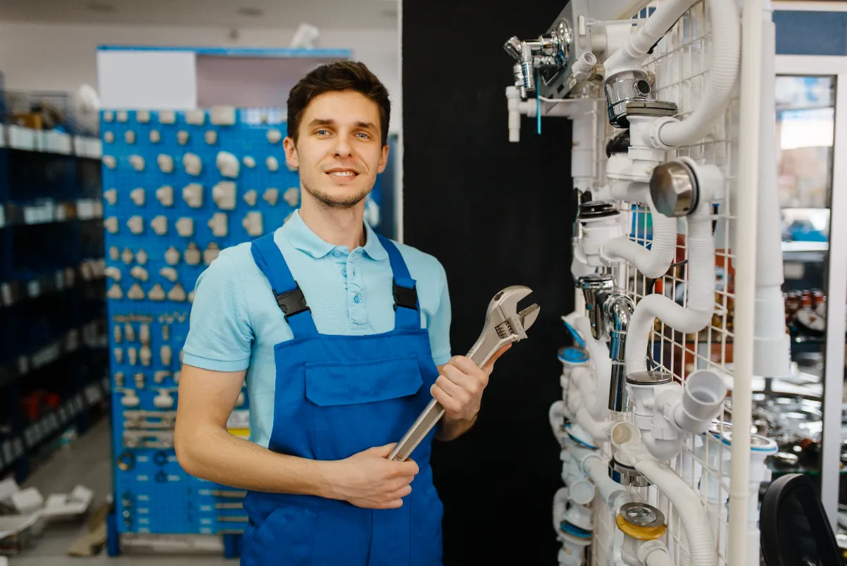 A working plumber posing while holding a wrench.