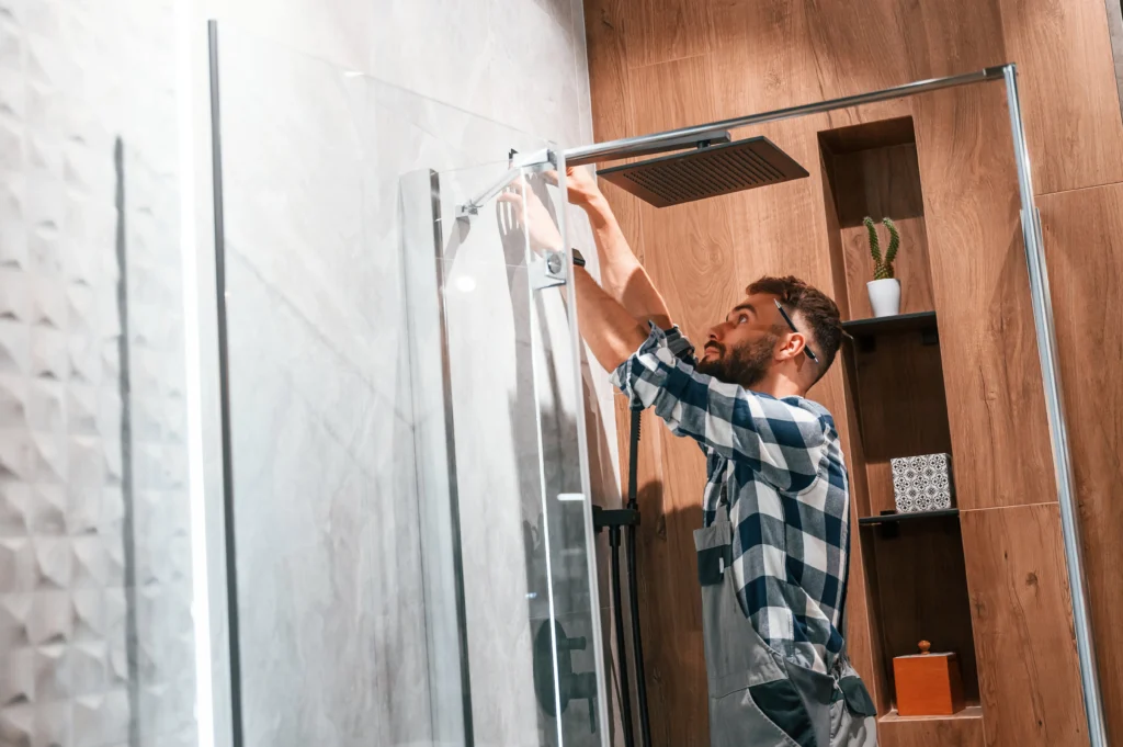 A man installing the shower items in the bathroom.