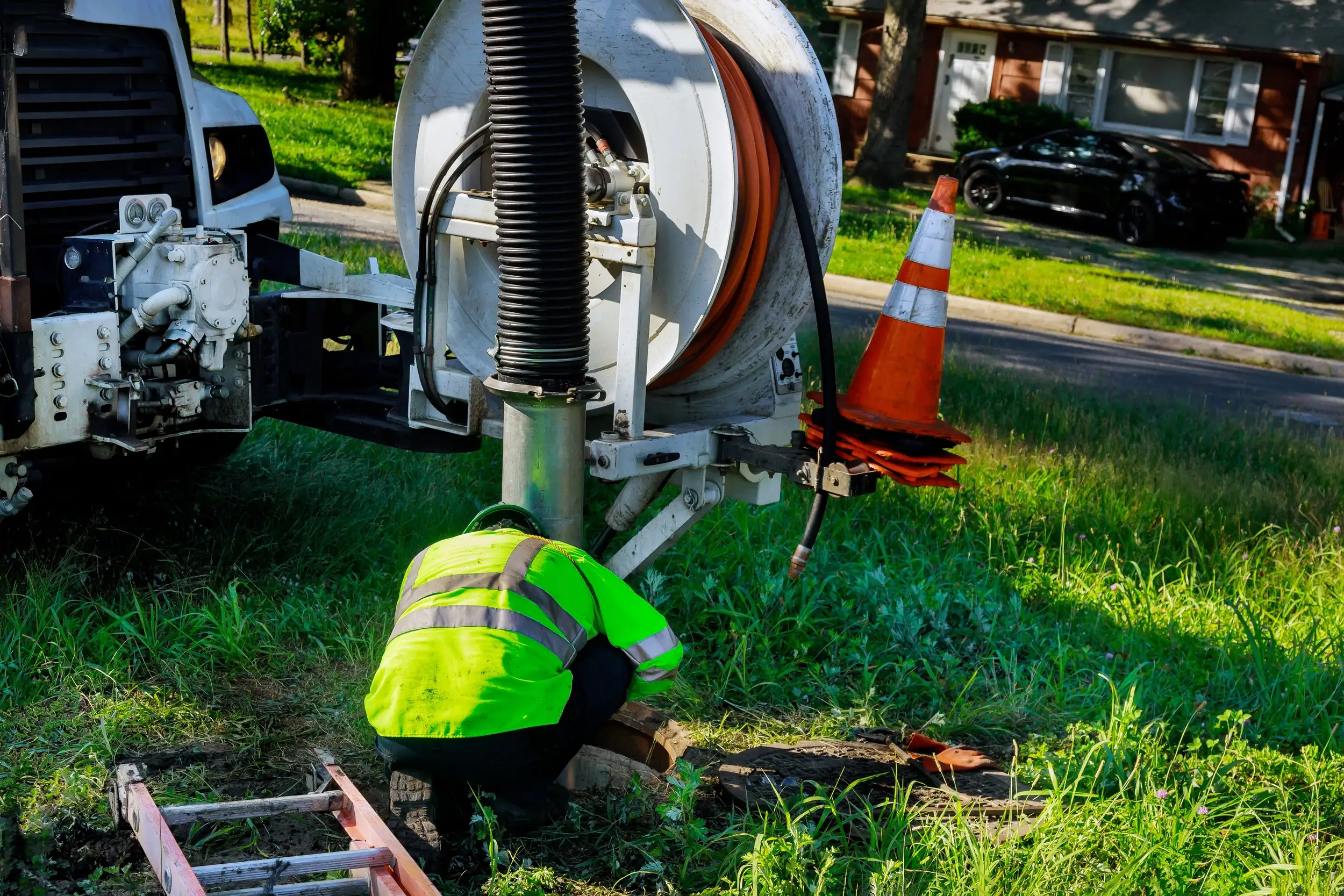 man siphoning a manhole