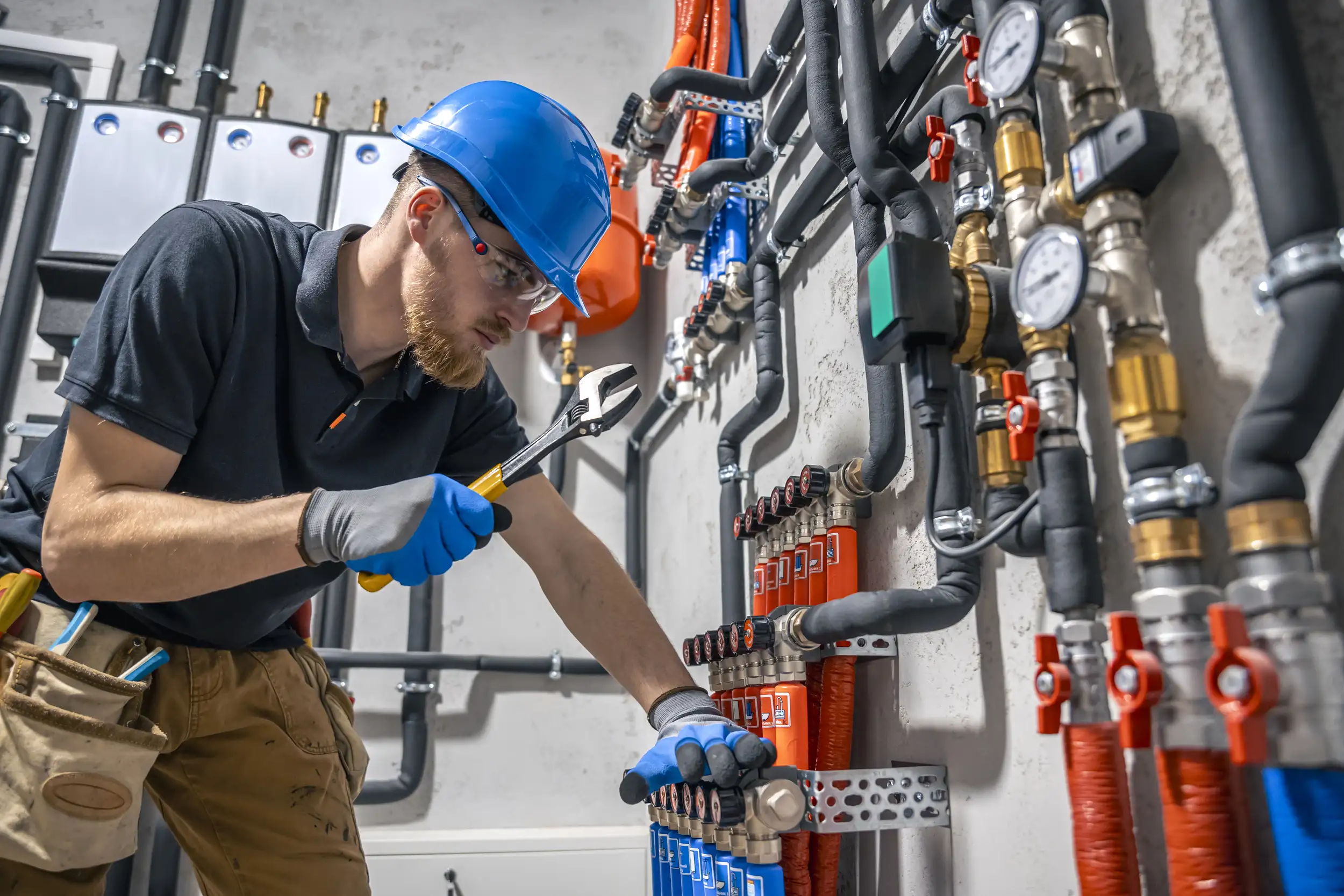 A plumber checking the heating pipe system.