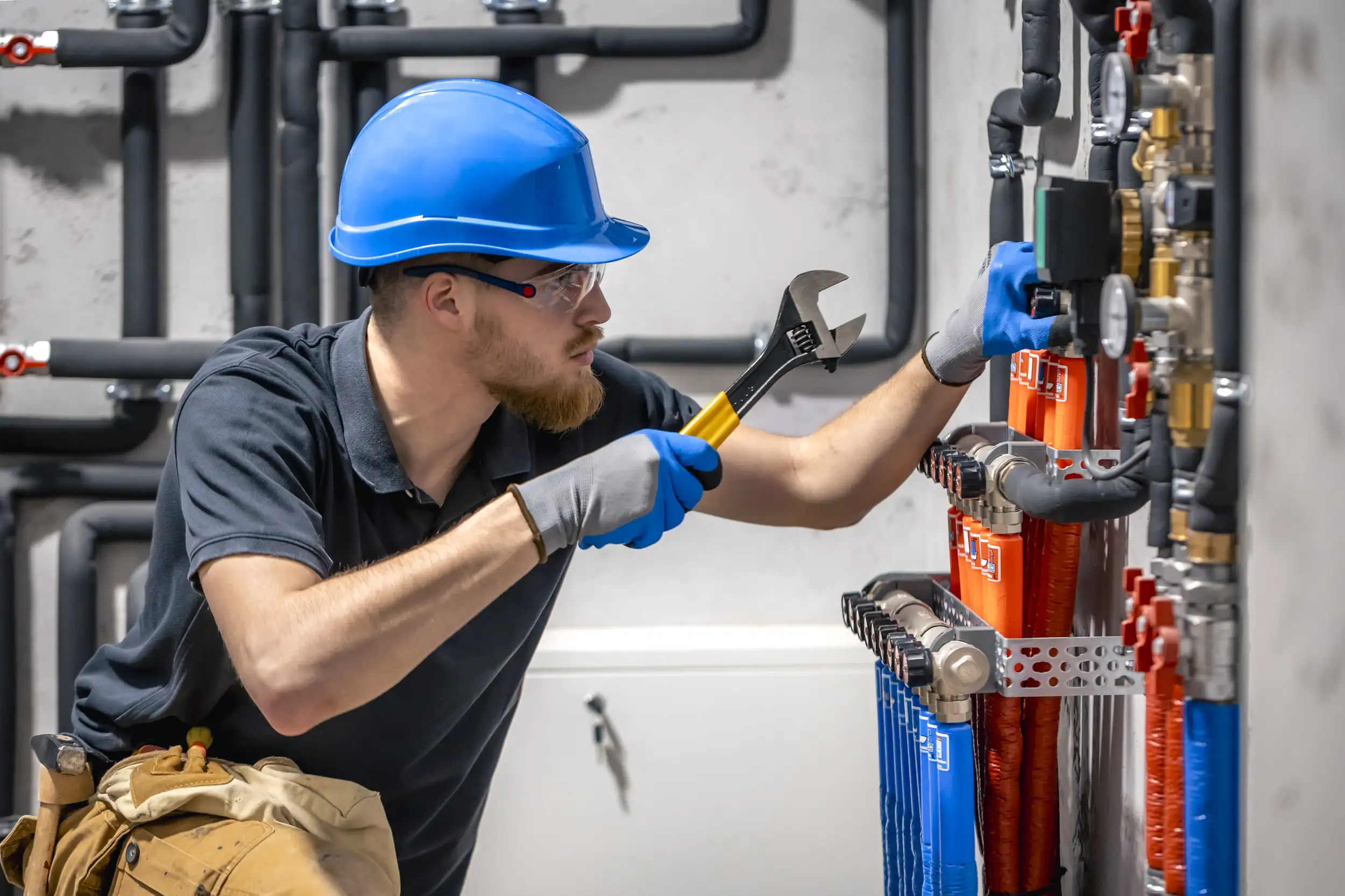 A technician checking the heating pipe system.